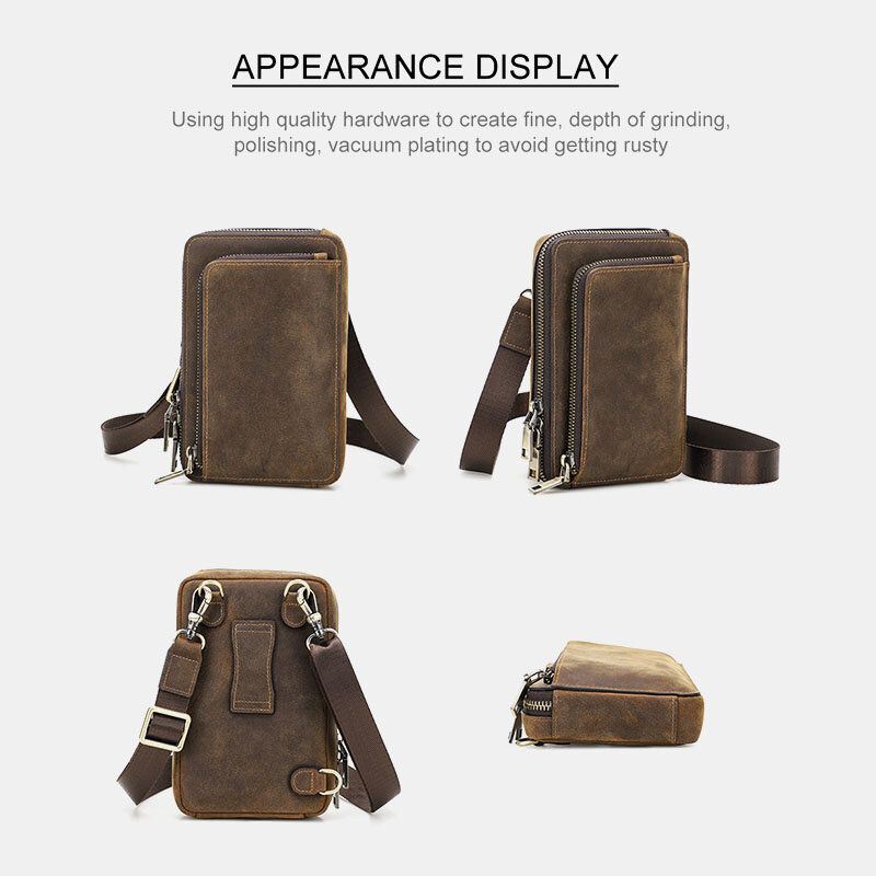 Heren Vintage Echt Leer Zip Side Convertible Bandjes Crossbody Tas Grote Capaciteit Heuptas Heuptas