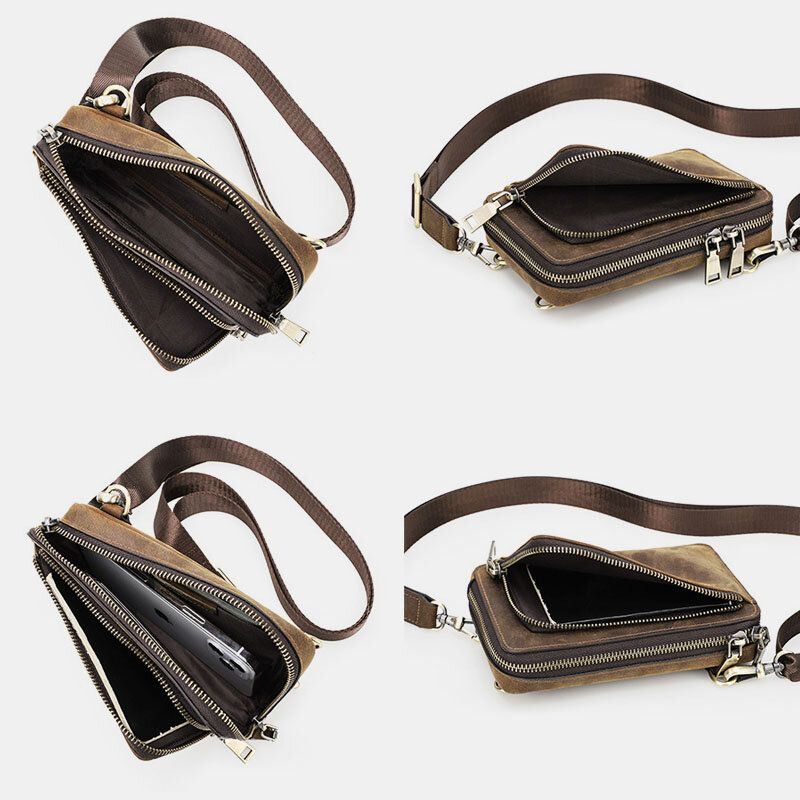 Heren Vintage Echt Leer Zip Side Convertible Bandjes Crossbody Tas Grote Capaciteit Heuptas Heuptas