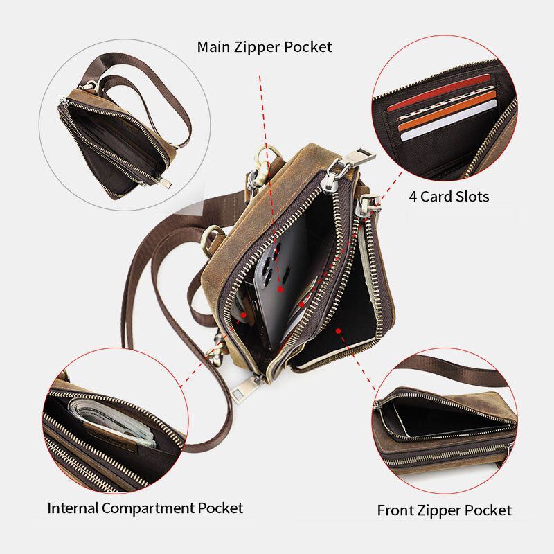 Heren Vintage Echt Leer Zip Side Convertible Bandjes Crossbody Tas Grote Capaciteit Heuptas Heuptas