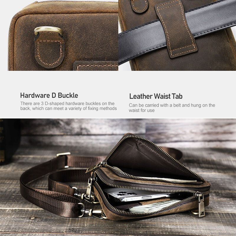 Heren Vintage Echt Leer Zip Side Convertible Bandjes Crossbody Tas Grote Capaciteit Heuptas Heuptas