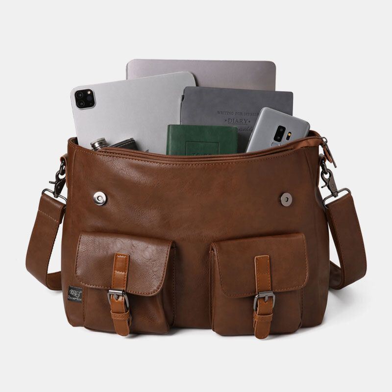 Heren Vintage Multifunctionele Dubbele Voorvak Lerarentas Aktetas 14 Inch Laptoptas Crossbody Schoudertas