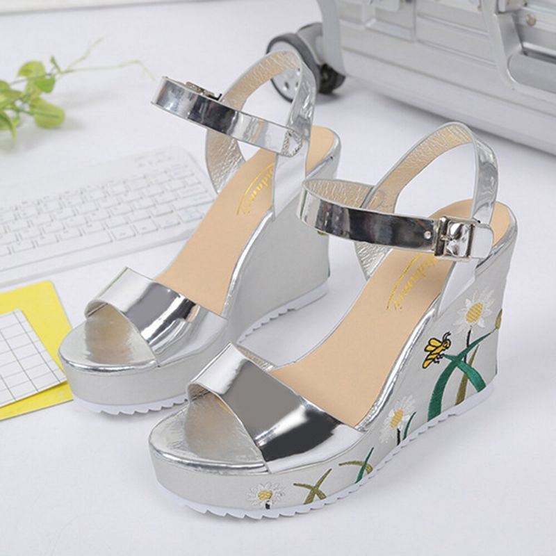 Dames Bloemenprint Wedges Gesp Enkelband Sandalen