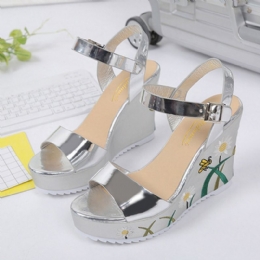 Dames Bloemenprint Wedges Gesp Enkelband Sandalen