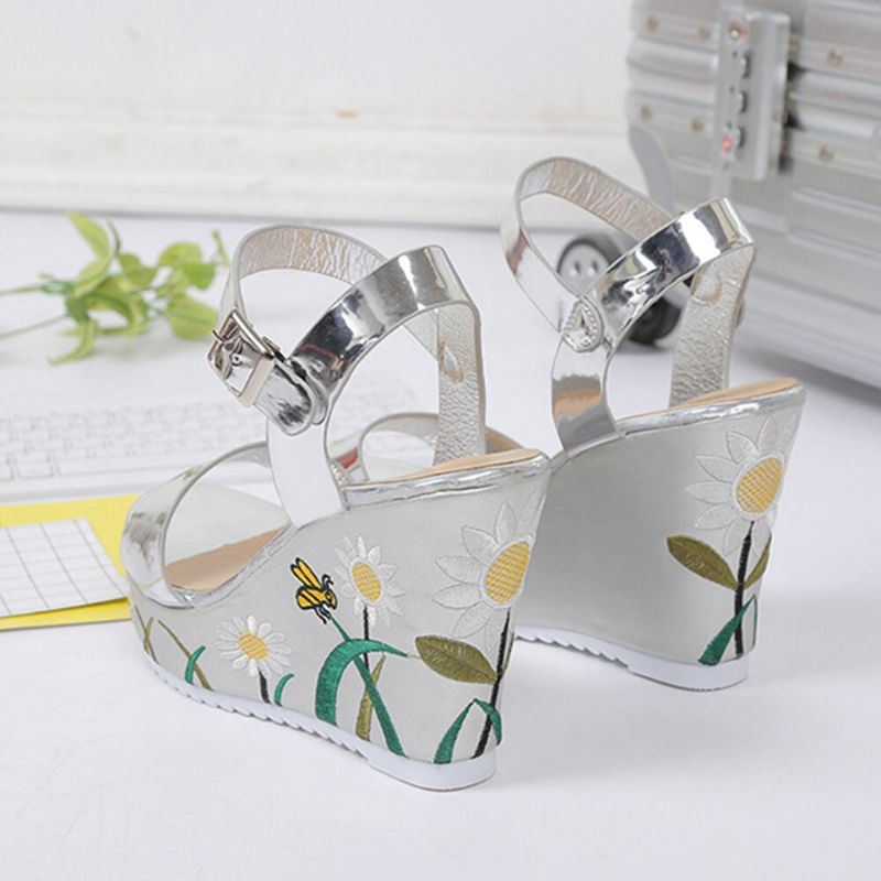 Dames Bloemenprint Wedges Gesp Enkelband Sandalen