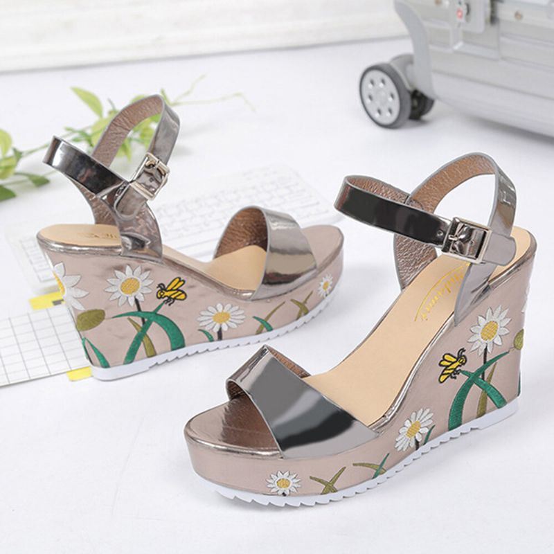 Dames Bloemenprint Wedges Gesp Enkelband Sandalen