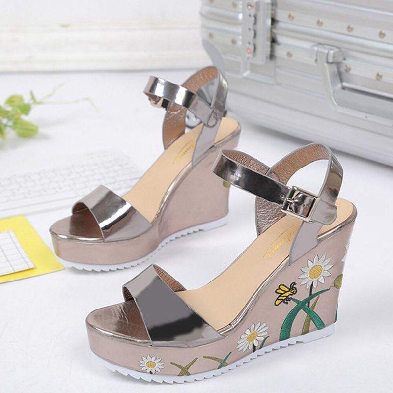 Dames Bloemenprint Wedges Gesp Enkelband Sandalen