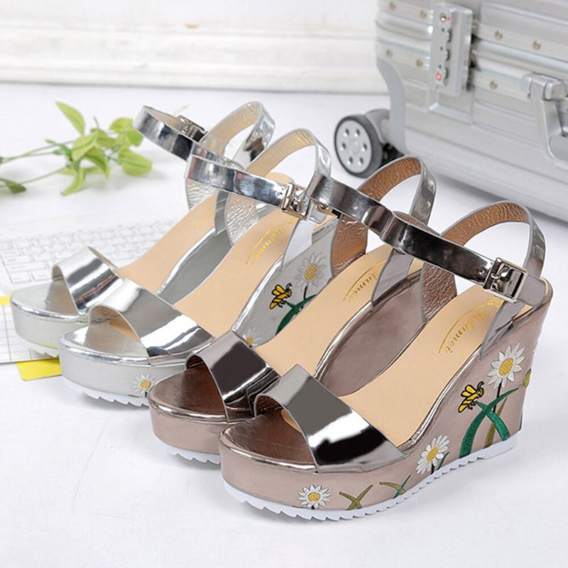 Dames Bloemenprint Wedges Gesp Enkelband Sandalen