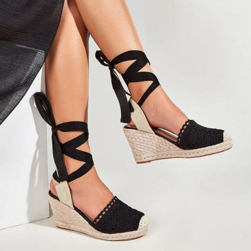 Dames Casual Lace Gesloten Teen Cross Strap Espadrille Wedges