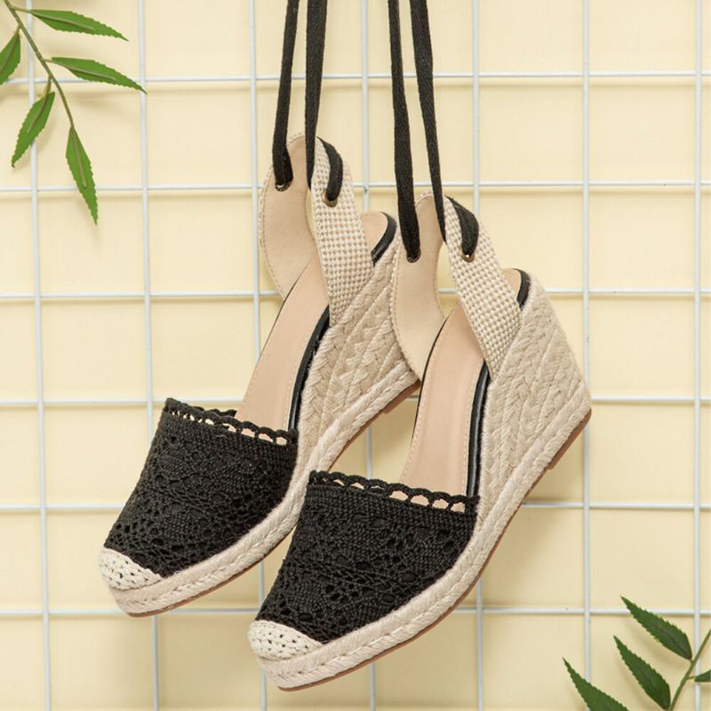 Dames Casual Lace Gesloten Teen Cross Strap Espadrille Wedges