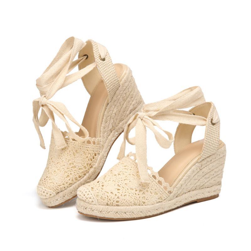 Dames Casual Lace Gesloten Teen Cross Strap Espadrille Wedges