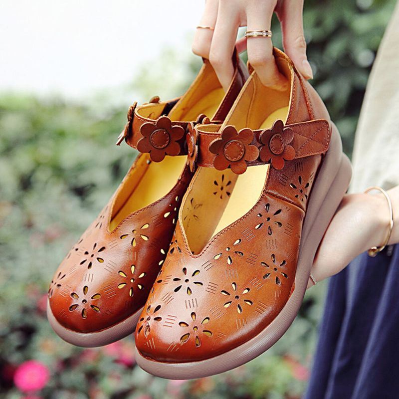 Dames Casual Retro Bloemen Verfraaid Soft Comfy Ademend Hollow Leather Mary Jane Wedges Shoes