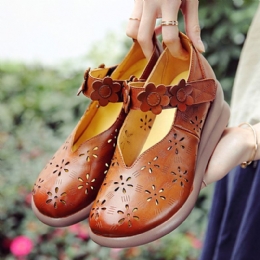 Dames Casual Retro Bloemen Verfraaid Soft Comfy Ademend Hollow Leather Mary Jane Wedges Shoes