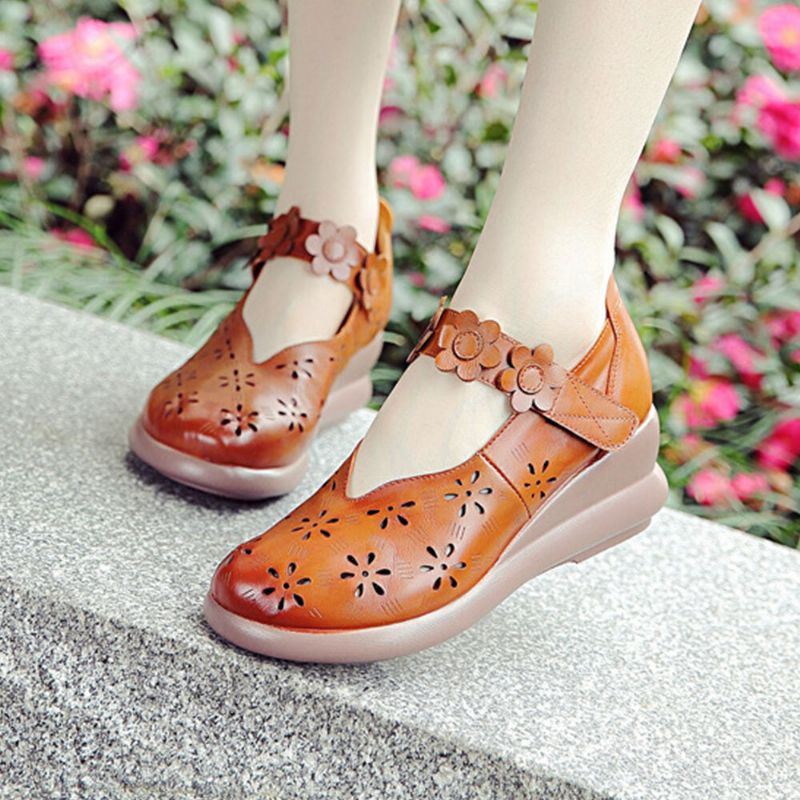 Dames Casual Retro Bloemen Verfraaid Soft Comfy Ademend Hollow Leather Mary Jane Wedges Shoes