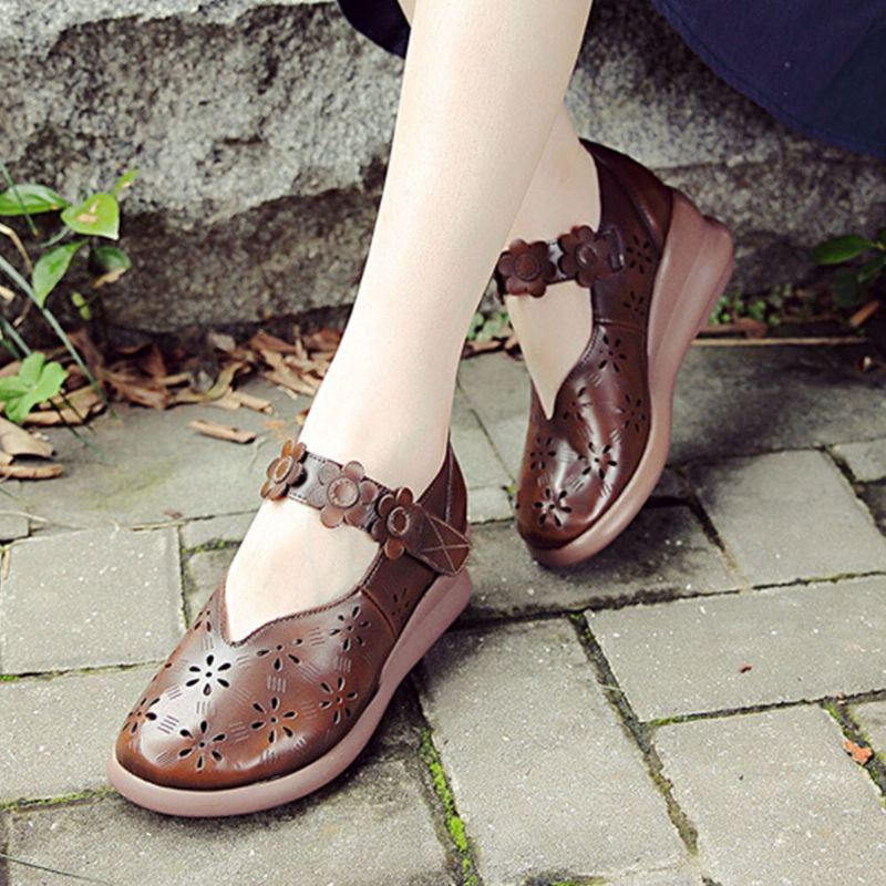 Dames Casual Retro Bloemen Verfraaid Soft Comfy Ademend Hollow Leather Mary Jane Wedges Shoes