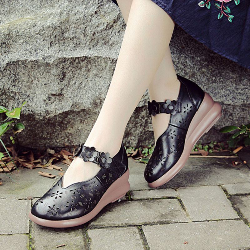 Dames Casual Retro Bloemen Verfraaid Soft Comfy Ademend Hollow Leather Mary Jane Wedges Shoes