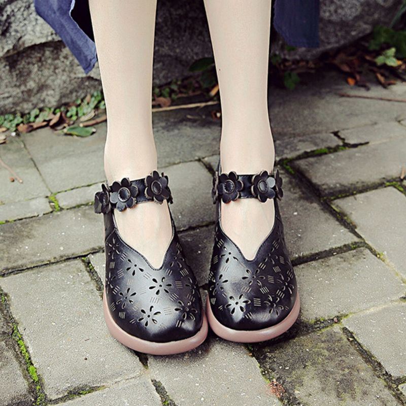 Dames Casual Retro Bloemen Verfraaid Soft Comfy Ademend Hollow Leather Mary Jane Wedges Shoes