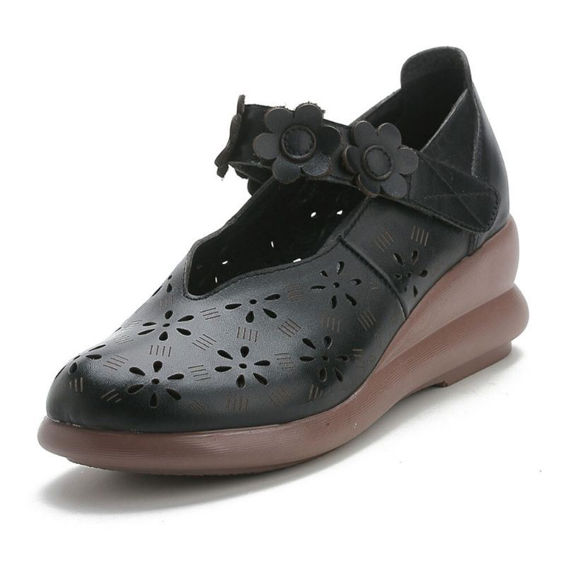 Dames Casual Retro Bloemen Verfraaid Soft Comfy Ademend Hollow Leather Mary Jane Wedges Shoes