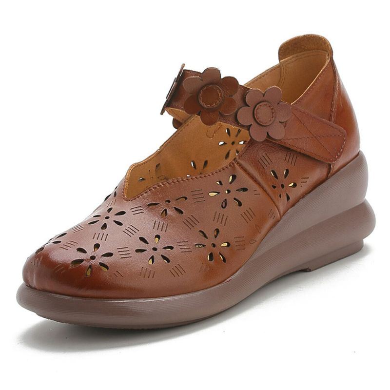 Dames Casual Retro Bloemen Verfraaid Soft Comfy Ademend Hollow Leather Mary Jane Wedges Shoes