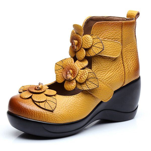 Dames Echt Leer Bloem Retro Klittenband Platporm Schoenen