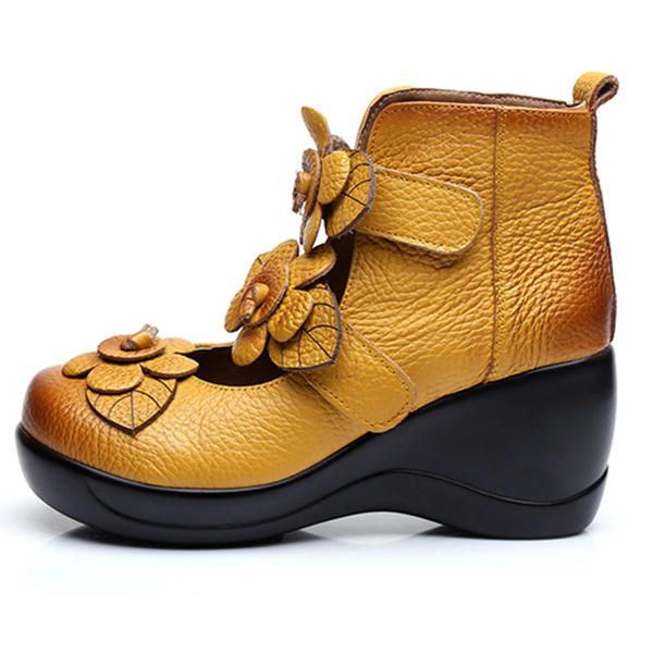 Dames Echt Leer Bloem Retro Klittenband Platporm Schoenen