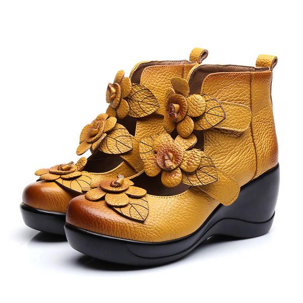 Dames Echt Leer Bloem Retro Klittenband Platporm Schoenen