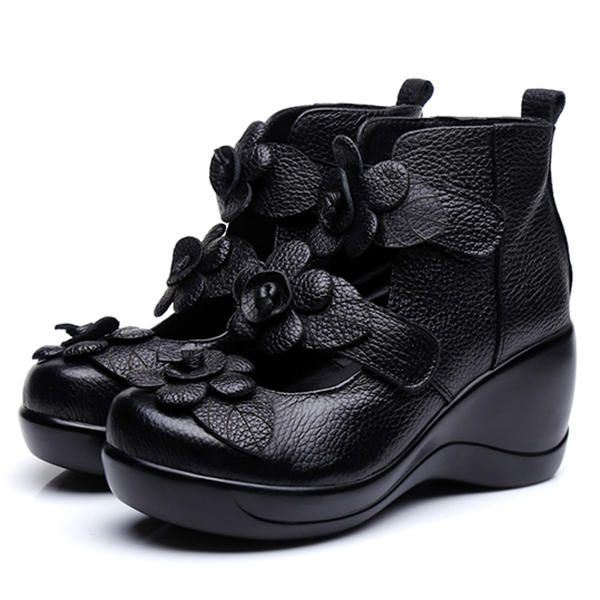 Dames Echt Leer Bloem Retro Klittenband Platporm Schoenen