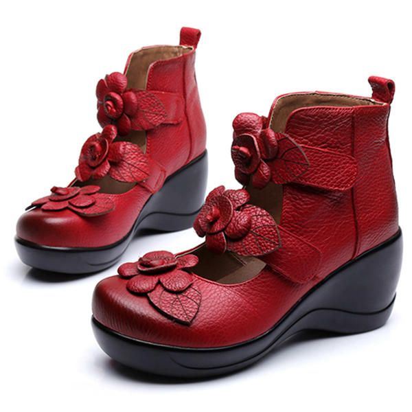 Dames Echt Leer Bloem Retro Klittenband Platporm Schoenen