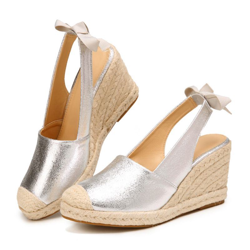 Dames Gesloten Teen Boog Decor Elastische Slip Op Espadrille Wedges Sandalen