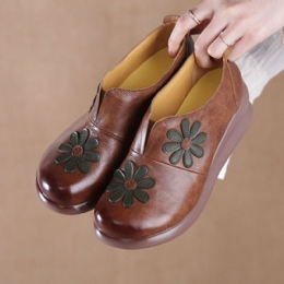 Dames Retro Bloemen Verfraaid Echt Leer Zachte Comfortabele Wedges Schoenen