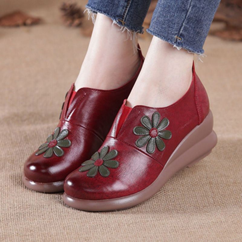 Dames Retro Bloemen Verfraaid Echt Leer Zachte Comfortabele Wedges Schoenen