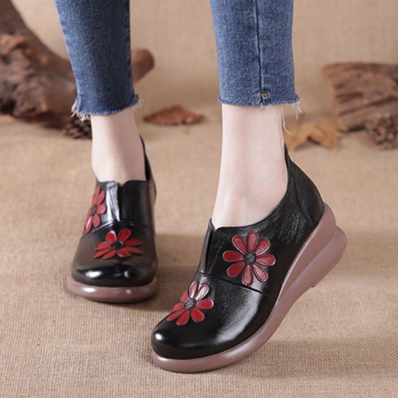 Dames Retro Bloemen Verfraaid Echt Leer Zachte Comfortabele Wedges Schoenen