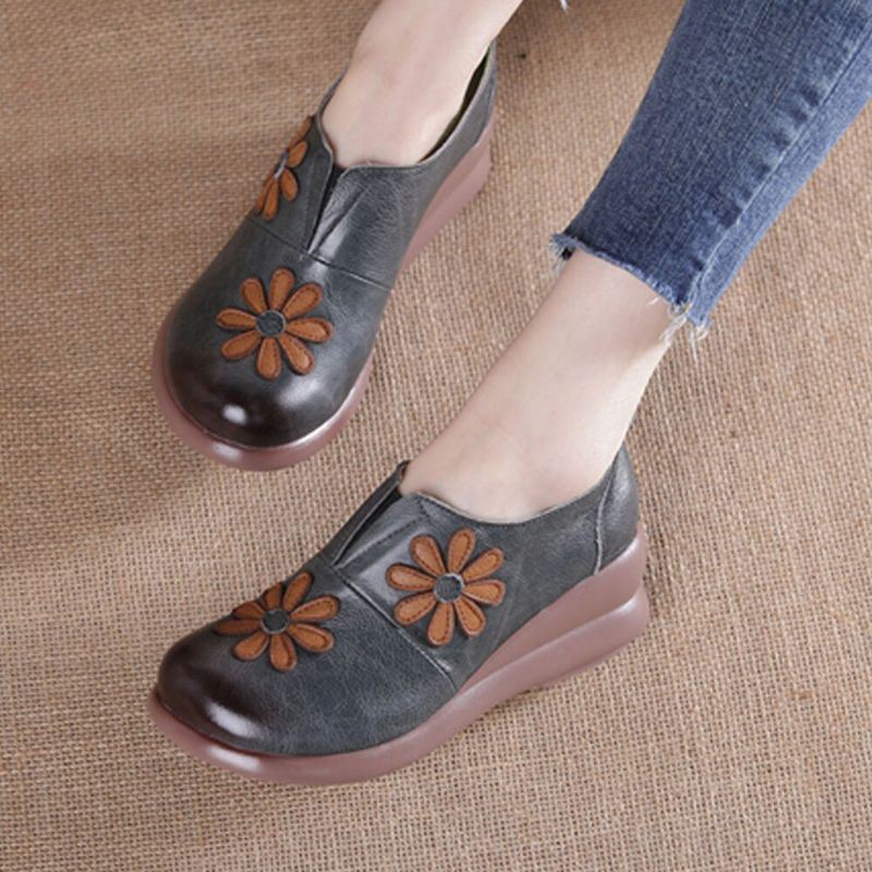 Dames Retro Bloemen Verfraaid Echt Leer Zachte Comfortabele Wedges Schoenen