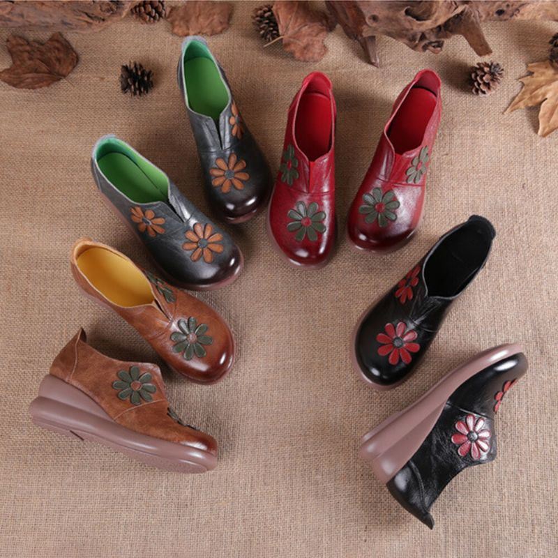 Dames Retro Bloemen Verfraaid Echt Leer Zachte Comfortabele Wedges Schoenen