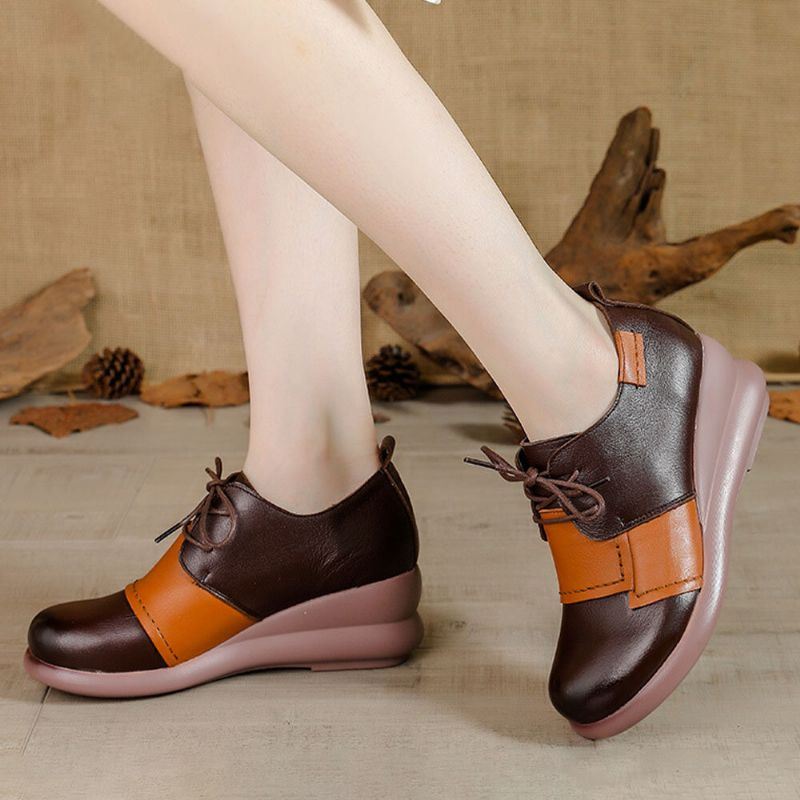 Dames Retro Colorblock Handgemaakte Lederen Zachte Comfortabele Wedges Schoenen