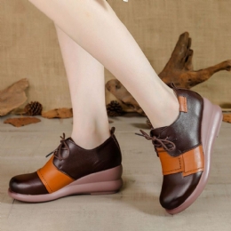 Dames Retro Colorblock Handgemaakte Lederen Zachte Comfortabele Wedges Schoenen