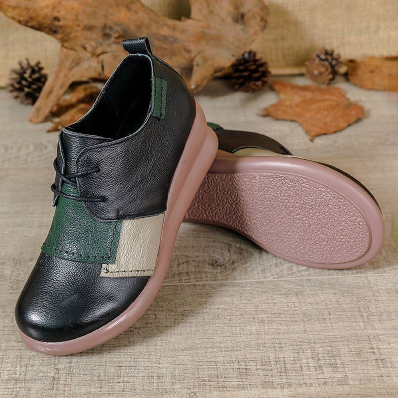 Dames Retro Colorblock Handgemaakte Lederen Zachte Comfortabele Wedges Schoenen