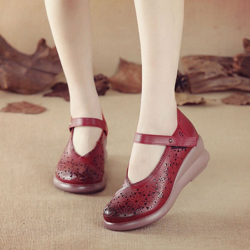 Dames Retro Hollow Soft Comfy Echt Leer Klittenband Mary Jane Wedges Shoes