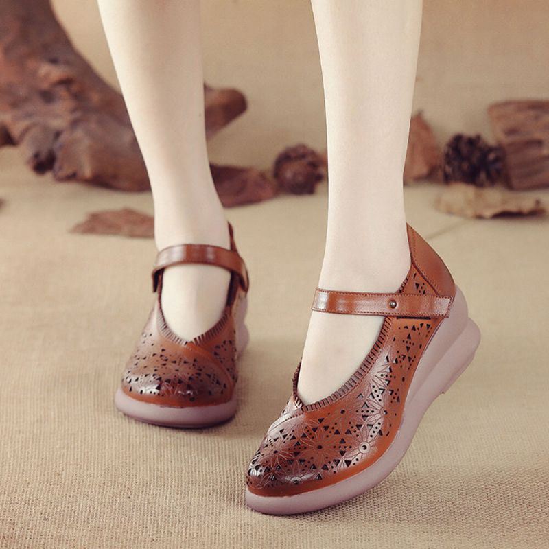 Dames Retro Hollow Soft Comfy Echt Leer Klittenband Mary Jane Wedges Shoes