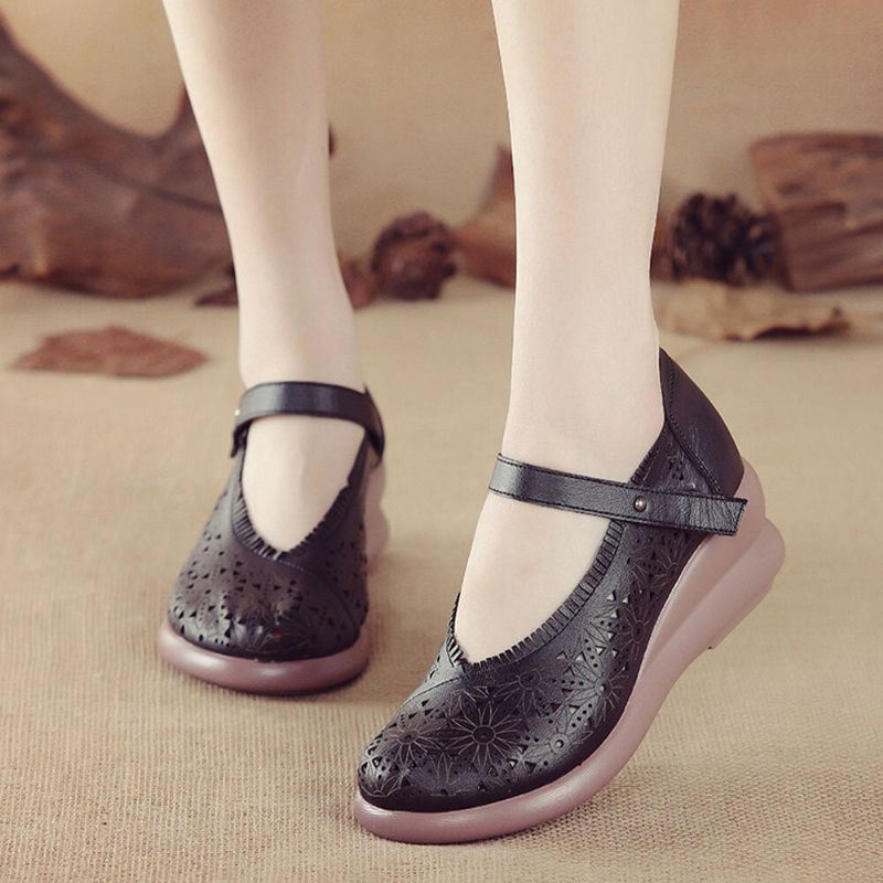 Dames Retro Hollow Soft Comfy Echt Leer Klittenband Mary Jane Wedges Shoes