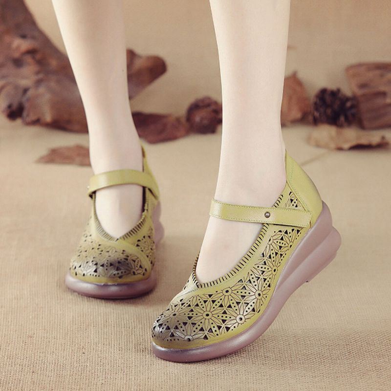 Dames Retro Hollow Soft Comfy Echt Leer Klittenband Mary Jane Wedges Shoes