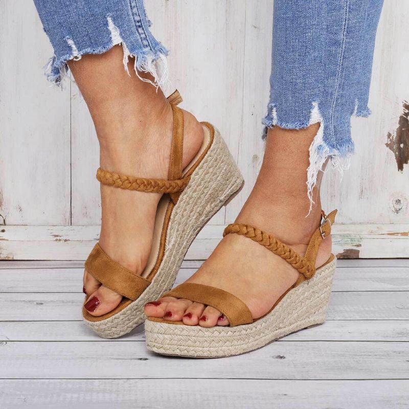 Dames Straw Gevlochten Open Teen Gesp Wedges Sandalen