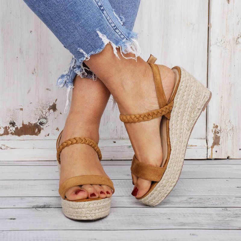 Dames Straw Gevlochten Open Teen Gesp Wedges Sandalen