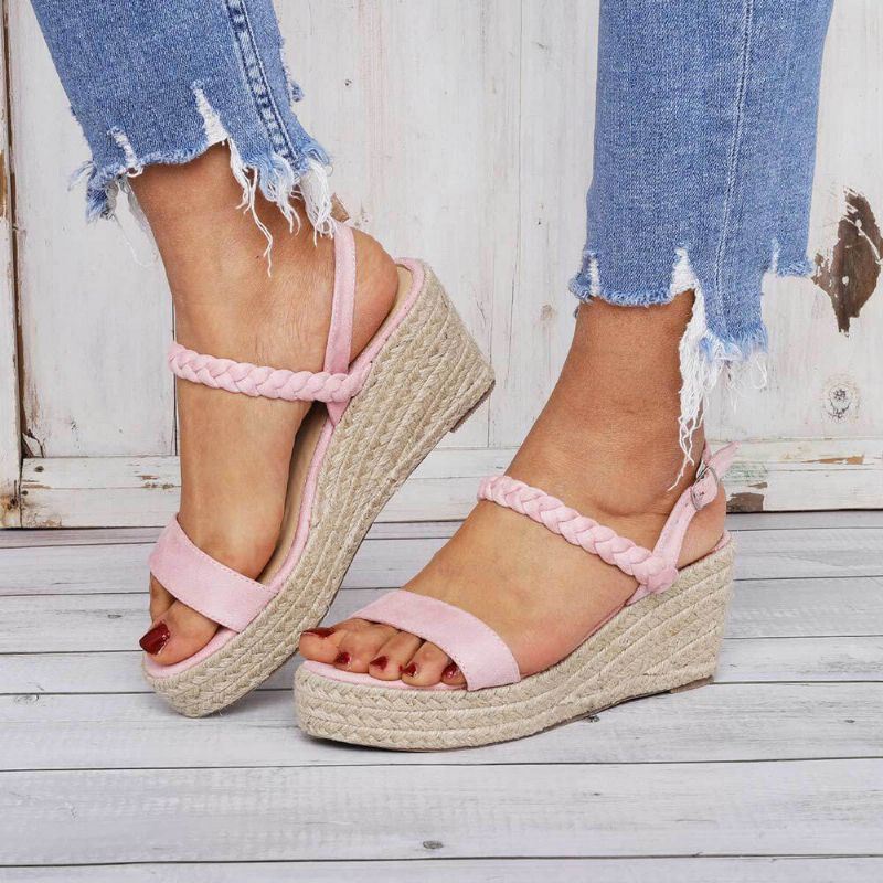 Dames Straw Gevlochten Open Teen Gesp Wedges Sandalen