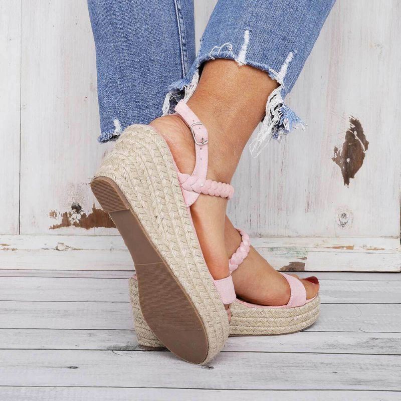 Dames Straw Gevlochten Open Teen Gesp Wedges Sandalen