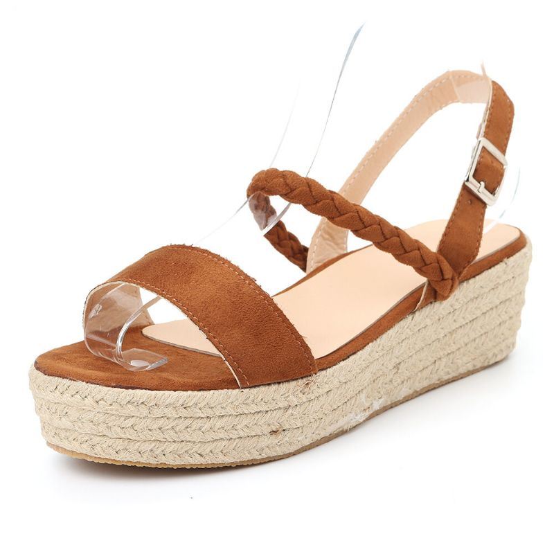 Dames Straw Gevlochten Open Teen Gesp Wedges Sandalen