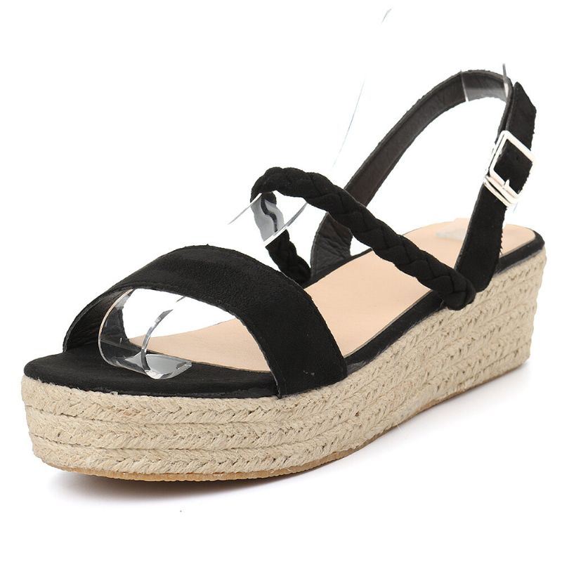 Dames Straw Gevlochten Open Teen Gesp Wedges Sandalen