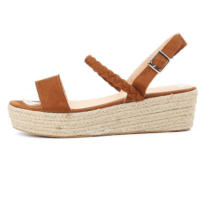 Dames Straw Gevlochten Open Teen Gesp Wedges Sandalen