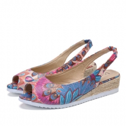 Espadrille-espadrilles Met Pauwpatroon Voor Dames Comfortabele Peeptoe-platforms Met Sleehak