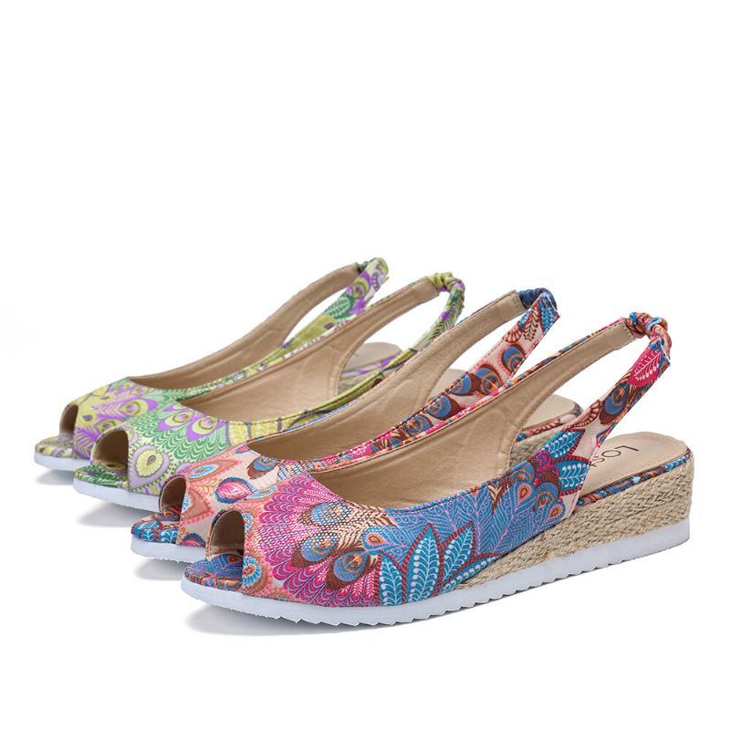 Espadrille-espadrilles Met Pauwpatroon Voor Dames Comfortabele Peeptoe-platforms Met Sleehak