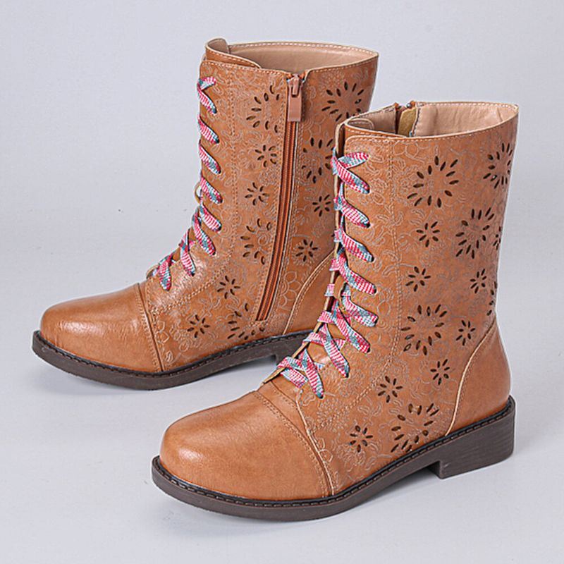 Dames Bloem Hollow Out Patroon Lace Up Chunky Hak Enkel Korte Laarzen